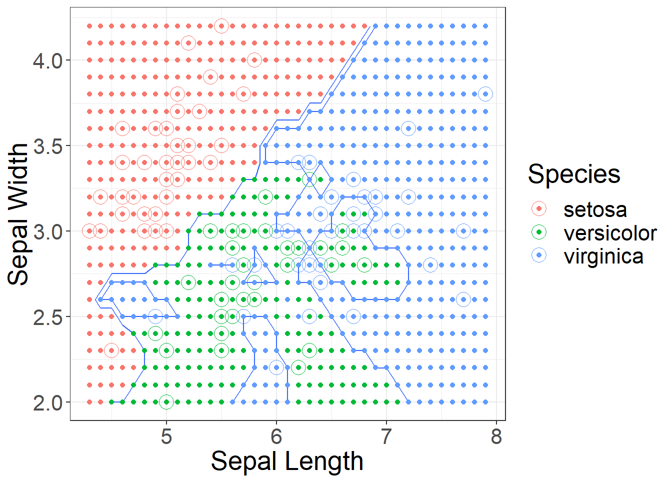 Using k = 1 decision boundaries for Sepal Length and Width